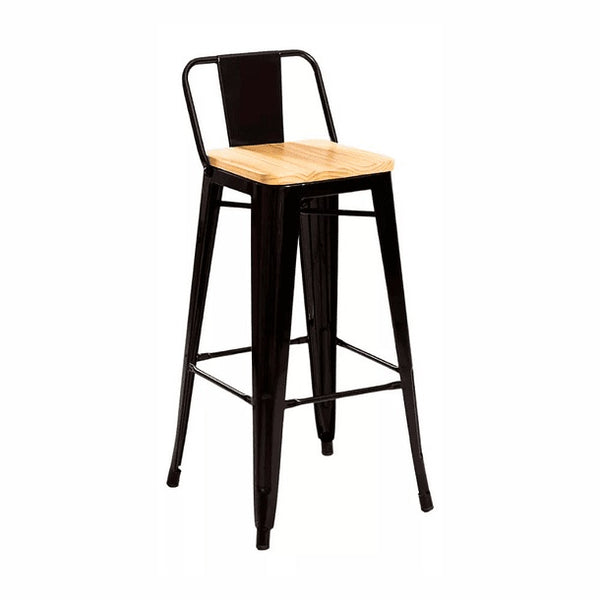 Taburete Tolix Negro Alto con Respaldo para bar o terraza - Asiento de madera Clara