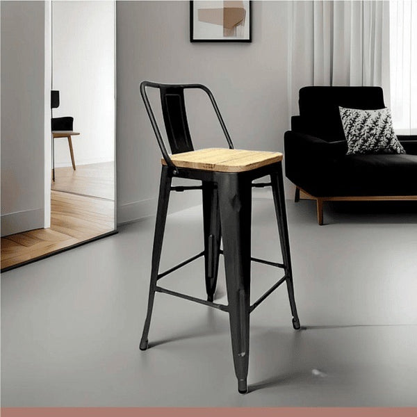 Taburete Tolix Negro Alto con Respaldo para bar o terraza - Asiento de madera Clara