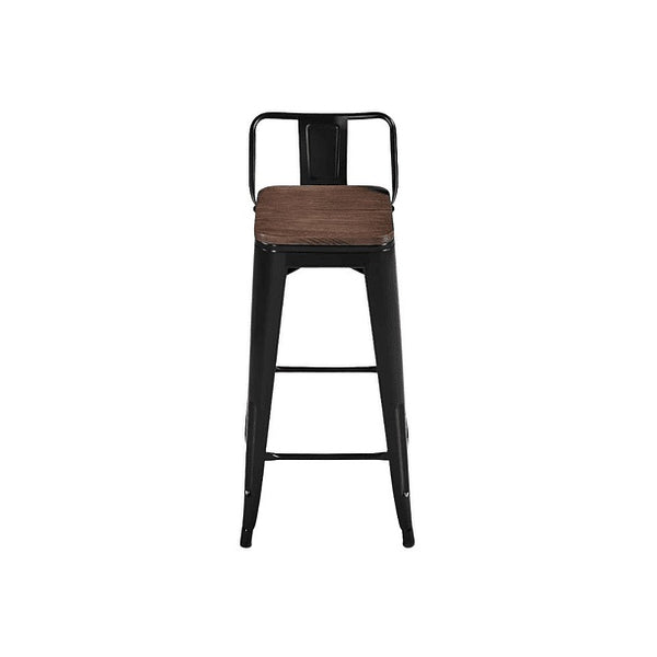 Taburete Tolix Negro Alto con Respaldo para bar o terraza - Asiento de Madera Oscura Walnut